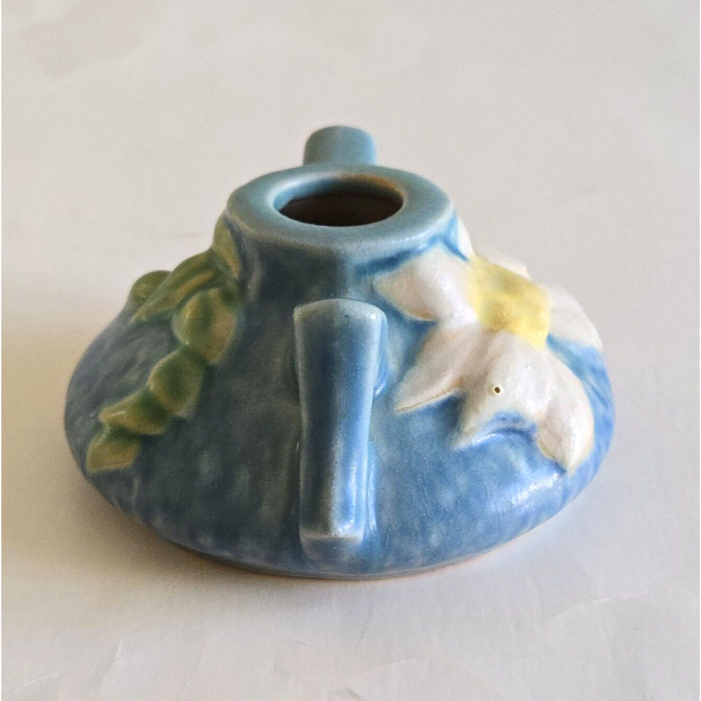 Vintage Roseville Pottery Candle Holder Clematis Blue Floral Retro USA 1940s - Picture 3 of 11